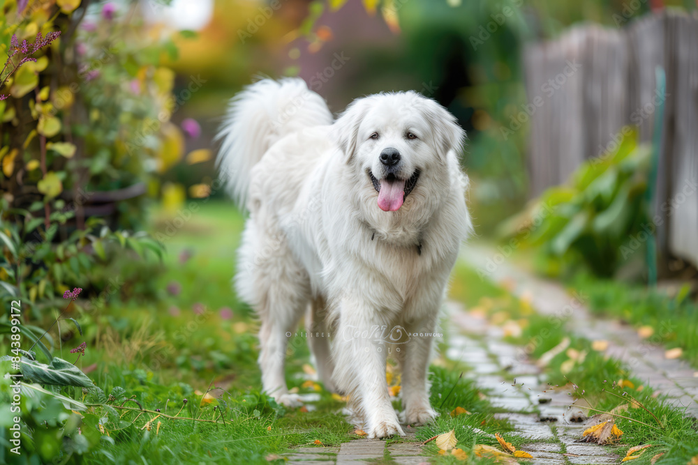 a dog is walking on a path in the garden a dog is walking on a path in the garden