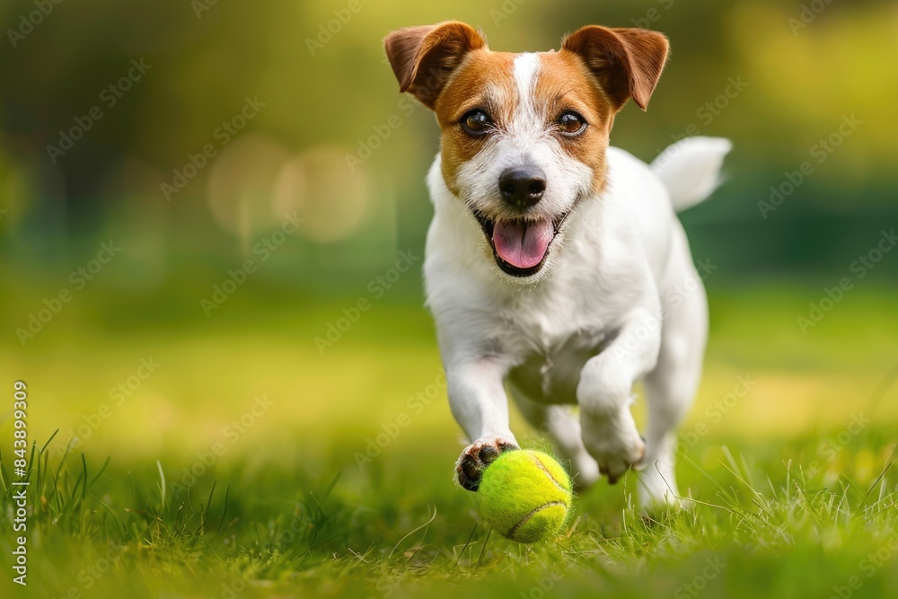 Happy dog running with tennis ball in grass Happy dog running with tennis ball in grass