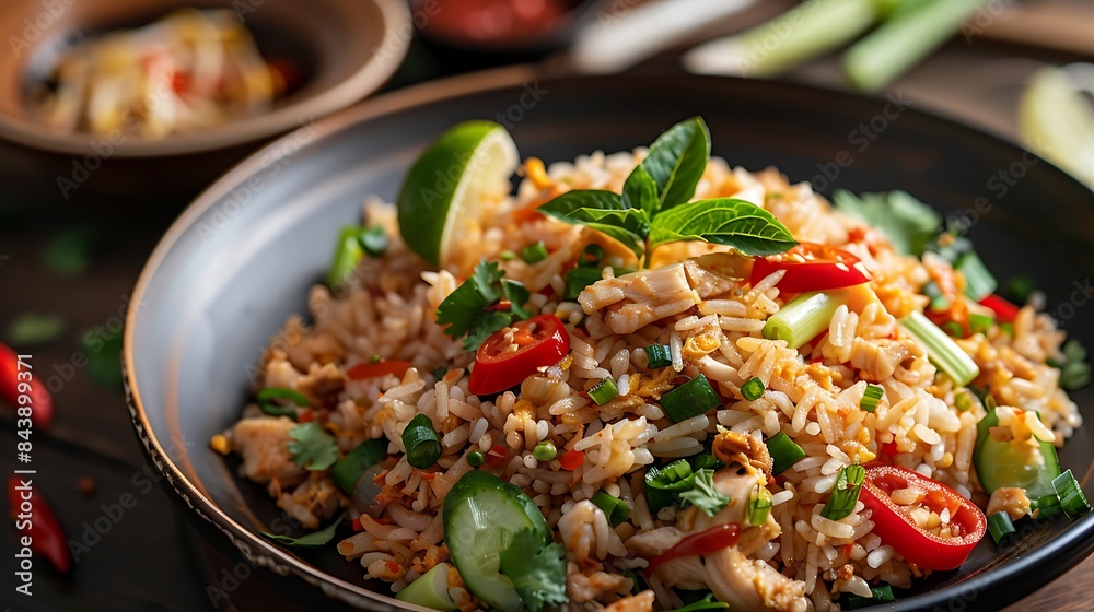 Fried rice with tomato or chilli paste shallots garlic soy sauce mixed with several ingredients such as eggs sliced a?'a?'chicken and pickles cucumber as a complement