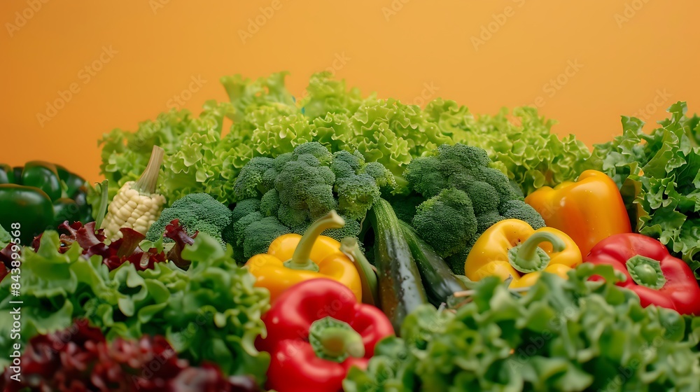Front view of healthy fresh green vegetables heap isolated on orange background vegetables included in the composition are lettuce bell pepper Front view of healthy fresh green vegetables heap isolated on orange background vegetables included in the composition are lettuce bell pepper