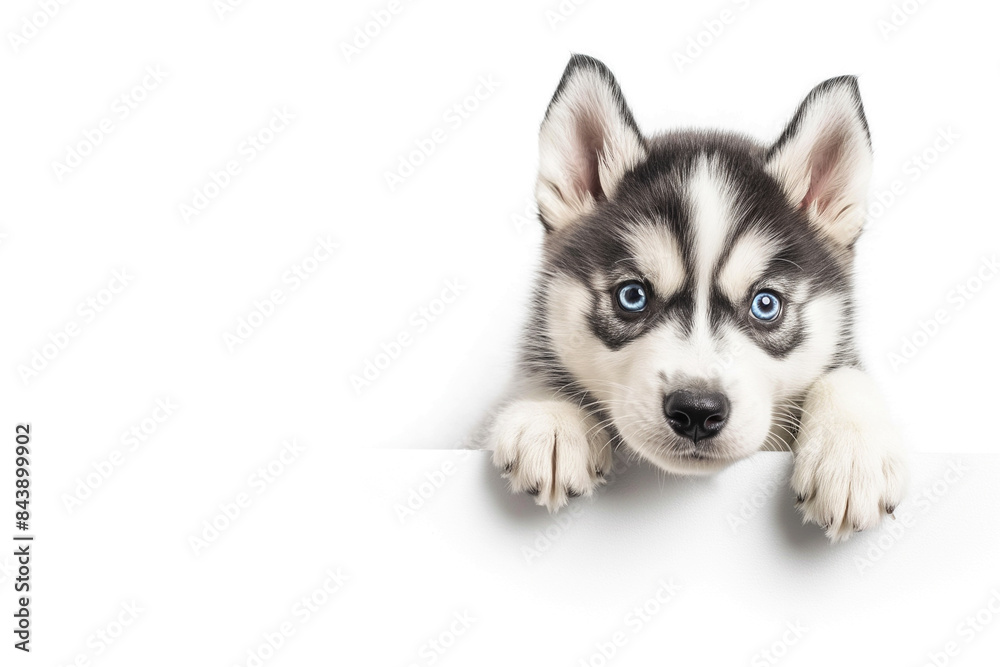 An adorable young Siberian Husky puppy with bright blue eyes poses isolated on white background, showcasing its fluffy fur and curious expression.