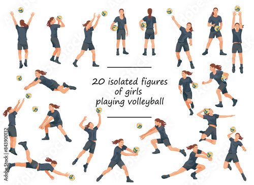 20 women's volleyball team players in black T-shirts in various poses training, running, jumping, throwing, hitting the ball