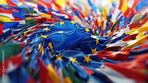 swirl of flaggs, flags of european countries forming the european flag


