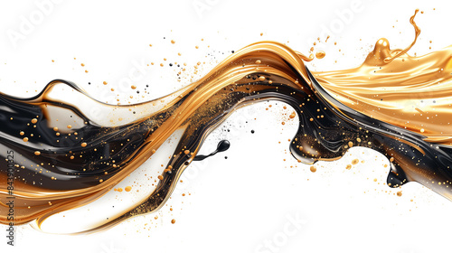 Elegant Golden Swirls, Dynamic black and gold paint waves with glitter isolated on transparent background