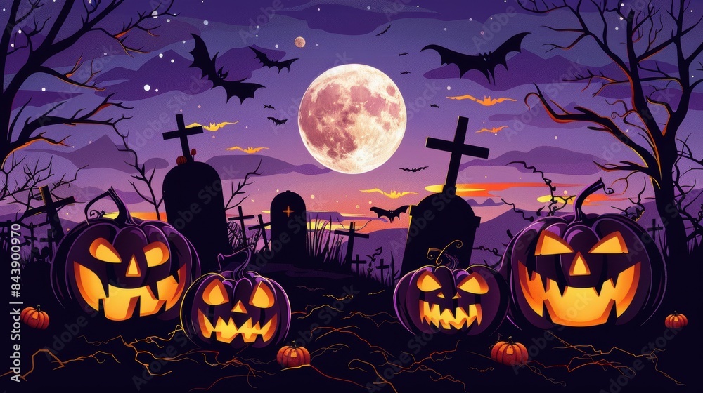 Creepy Graveyard with Full Moon and Jack-o'-Lanterns Creepy Graveyard with Full Moon and Jack-o'-Lanterns