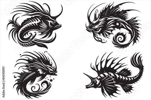 Triton fish silhouette vector illustration set 