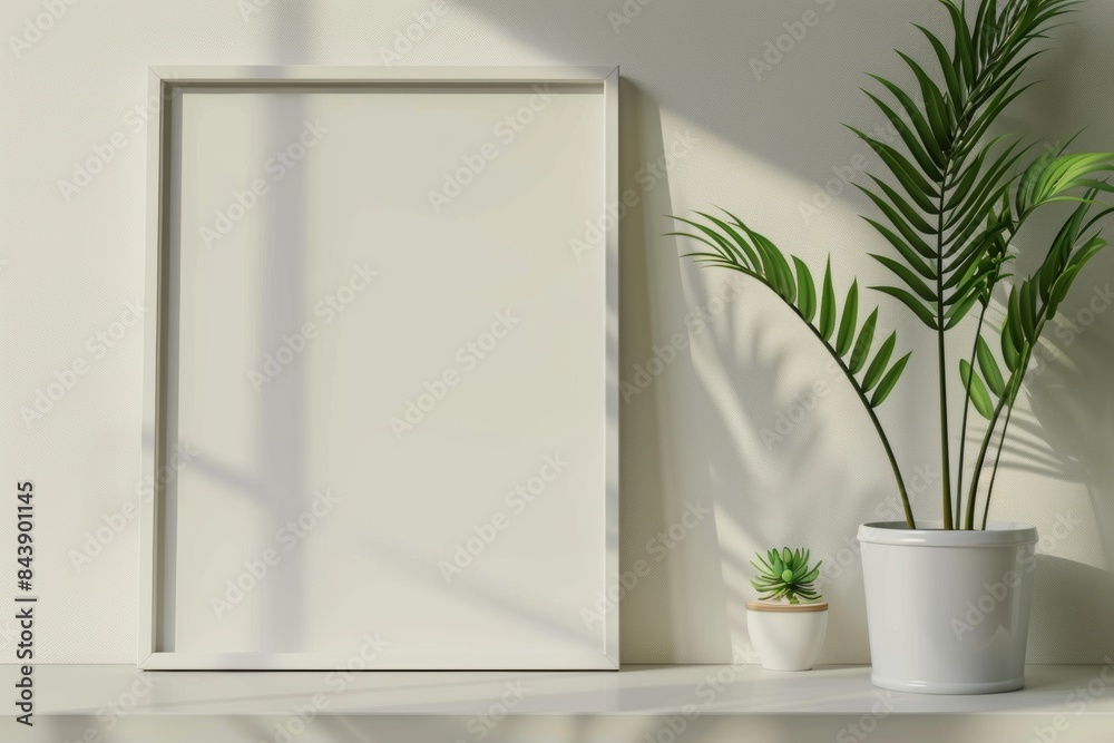 White frame mockup on shelf with a green plant and decoration, minimalist style, simple design, White frame mockup on shelf with a green plant and decoration, minimalist style, simple design,