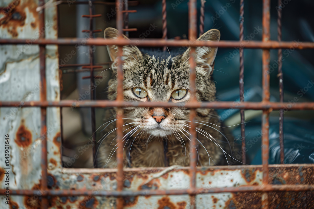 Obraz premium Stray homeless Cat in animal shelter cage