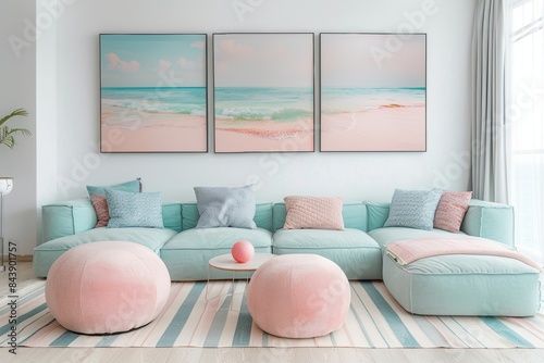 A beautiful boho living room with pastel colors, three paintings of the beach in the style of pink and blue tones