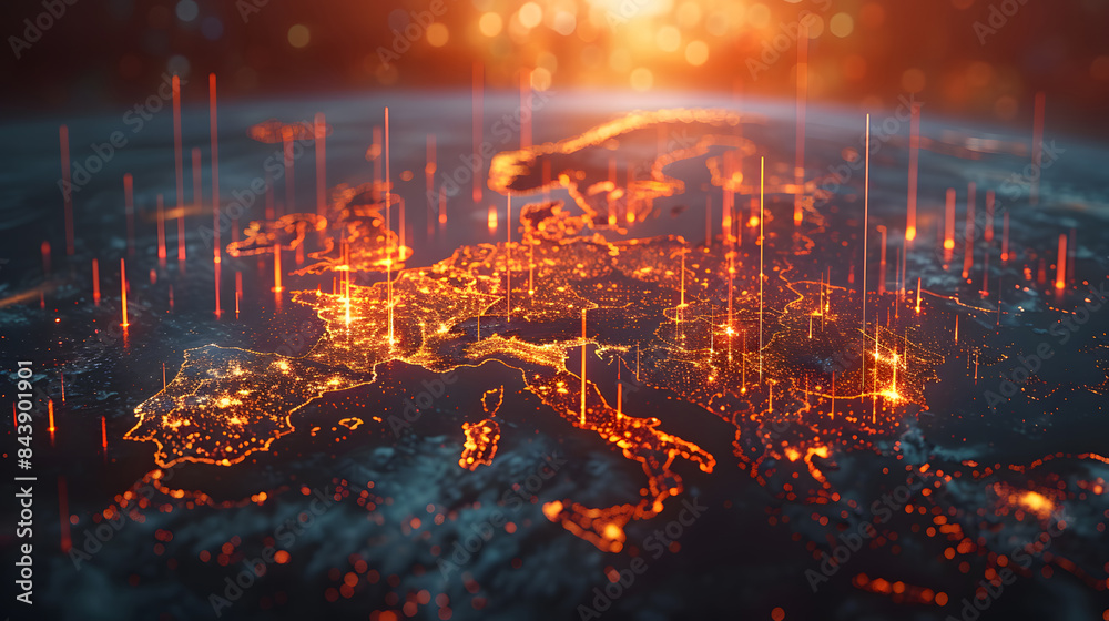 Fototapeta premium A digital map of Europe illuminated with glowing data points, representing a high-tech visualization of connectivity and data flow