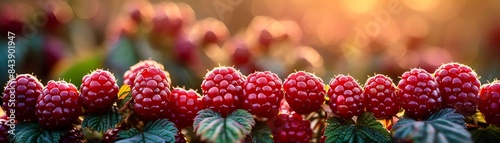 A close-up image of a bountiful cluster of ripe, juicy red raspberries, glistening in the sunlight, ready to be picked. photo