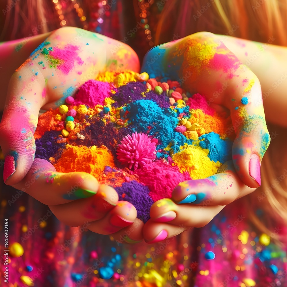 Obraz premium Colorful holi powder in the hands of a girl. Indian festival Holi, Colorful holi powder in hands. Indian festival Holi background,