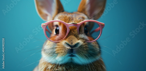 Happy smiling rabbit wearing pink sunglasses on a blue background, in the style of photorealistic. photo