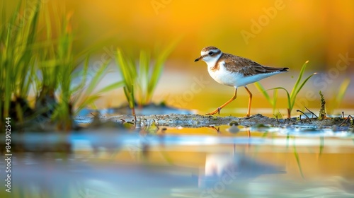A plover with partially webbed feet strolling in the marshy wetlands of Blackwater National Wildlife Refuge located in Dorchester County Maryland photo