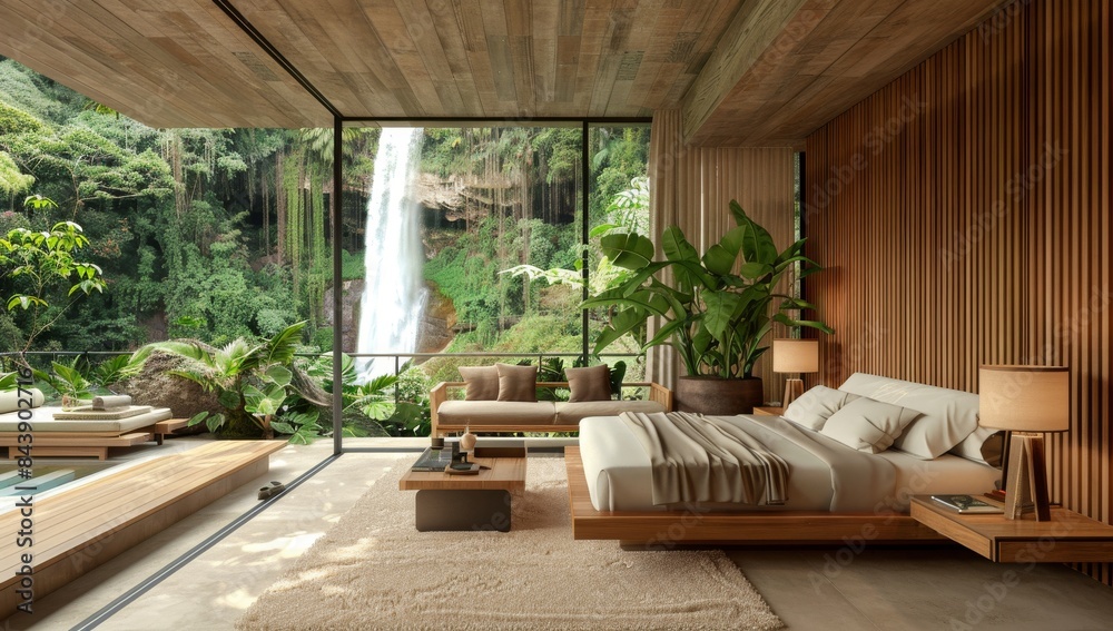 Bedroom with a large bed, large windows overlooking the ocean at sunset Bedroom with a large bed, large windows overlooking the ocean at sunset