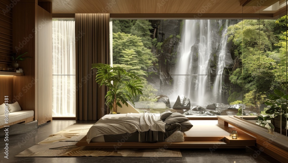 A bedroom with large windows overlooking the waterfall, minimalist design, natural materials and colors. A bedroom with large windows overlooking the waterfall, minimalist design, natural materials and colors.