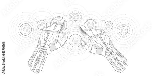 Mechanical Engineering background .Technical drawing of gears .Robot hand. Vector illustration.