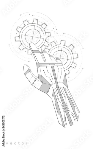 Technical drawing of gears . Robot hand. Mechanical Engineering background .Vector illustration.