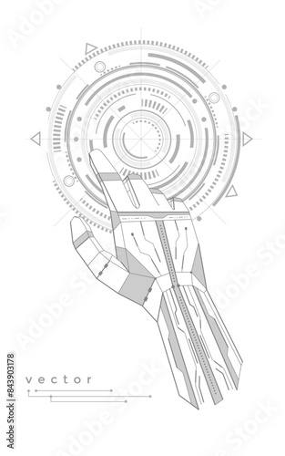 Robot hand. Mechanical Engineering background .Technical drawing of gears .Vector illustration.