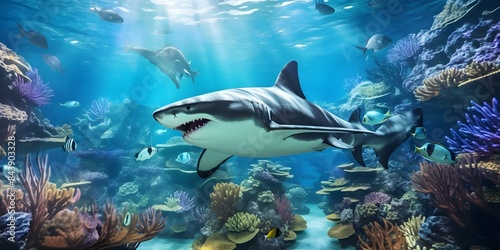 Sharks gracefully navigating through vibrant coral reefs in the ocean. Concept Marine life, Ocean ecosystems, Shark conservation, Coral reef protection © Ян Заболотний