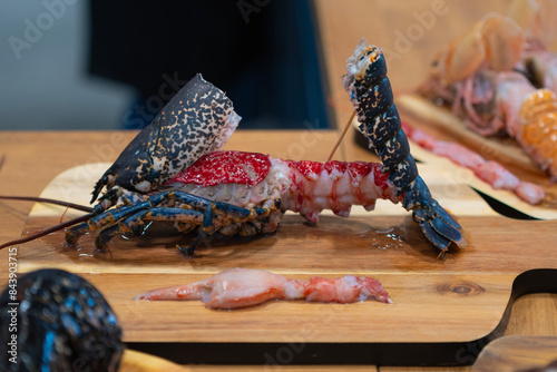 Norway lobster. Carabinero. Norway lobster on a table.
