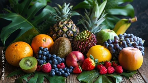 A vibrant selection of fresh fruits arranged aesthetically on a rustic wooden table, surrounded by green leaves