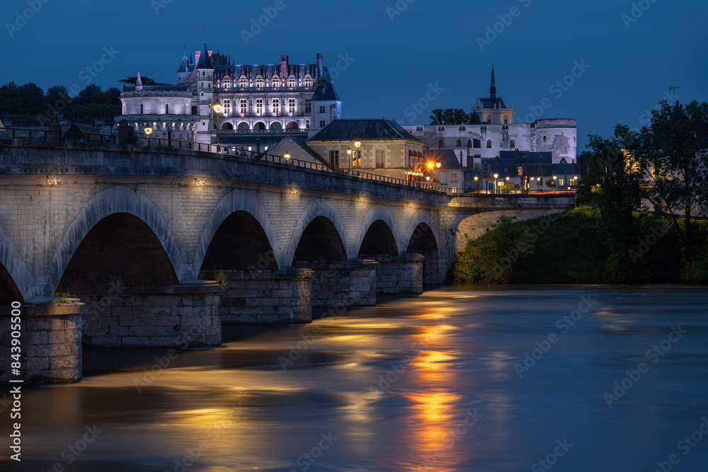 Obraz premium Amboise town and Chateau de Amboise at sunset