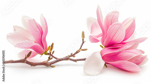 Pink magnolia branch with spring flowers on a white background for design and postcard.