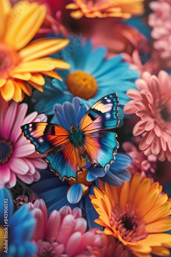 Vibrant Butterfly Flying Among Colorful Flowers Generative AI © Alex