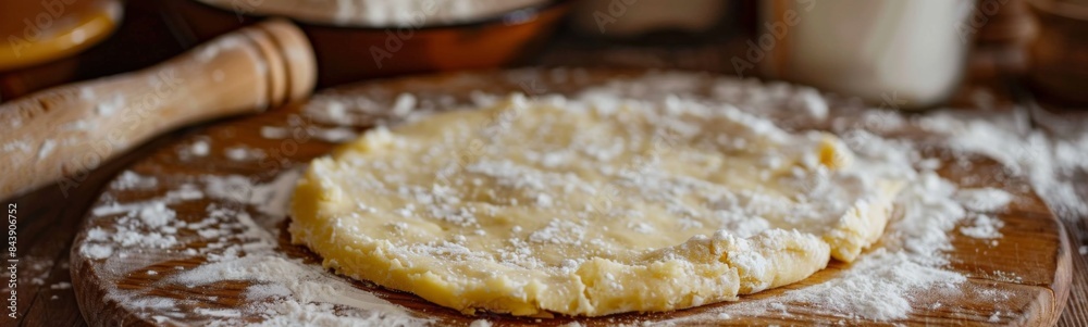 Floured dough on a wooden board with a rolling pin, pie crust dough type
Floured dough on a wooden board with a rolling pin, pie crust dough type