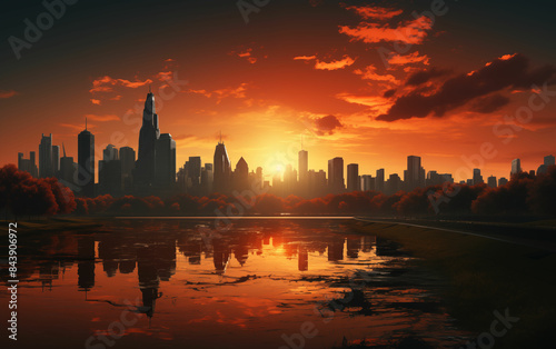 Sun setting over beef city skyline. Generative AI © MikeLegend