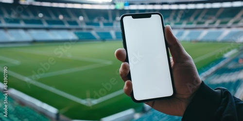 Close up of a hand holding an iPhone with white display on it, inside a soccer stadium in France.