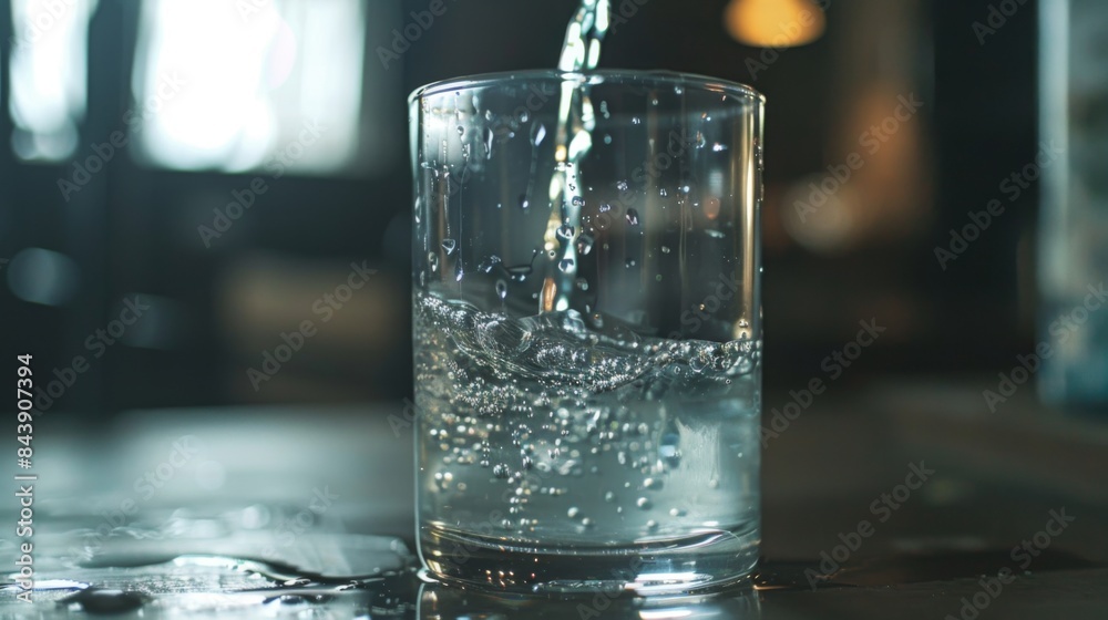 Fresh water is poured into a transparent glass. Splash in a glass, drop of water falling into a glass Fresh water is poured into a transparent glass. Splash in a glass, drop of water falling into a glass