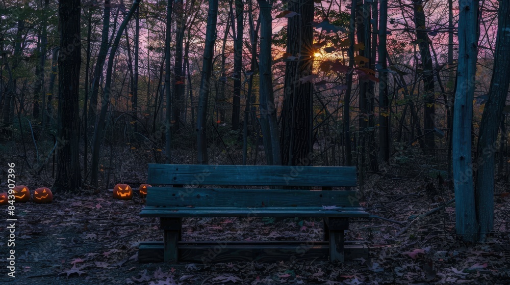 Pumpkins on Bench in Dark Forest Pumpkins on Bench in Dark Forest