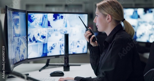 Photos Watch, security and woman with radio, cctv and monitor for danger, talking and control room for guard