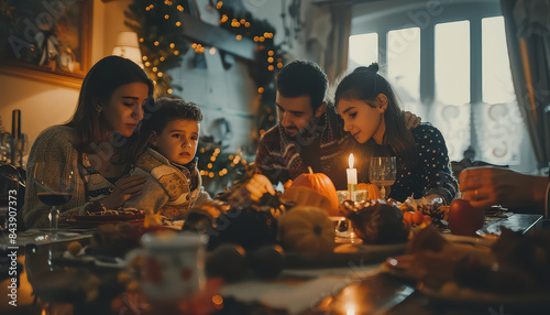 A family is gathered around a table for a Thanksgiving dinner