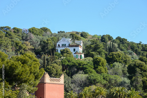 Park Güell located on Carmel Hill, in Barcelona. Vibrantly colored tiles