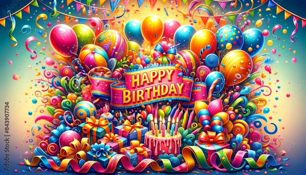 Fototapeta premium colorful and vibrant digital illustration of happy birthday celebration, featuring balloons, confetti, gifts, and a birthday cake with candles.