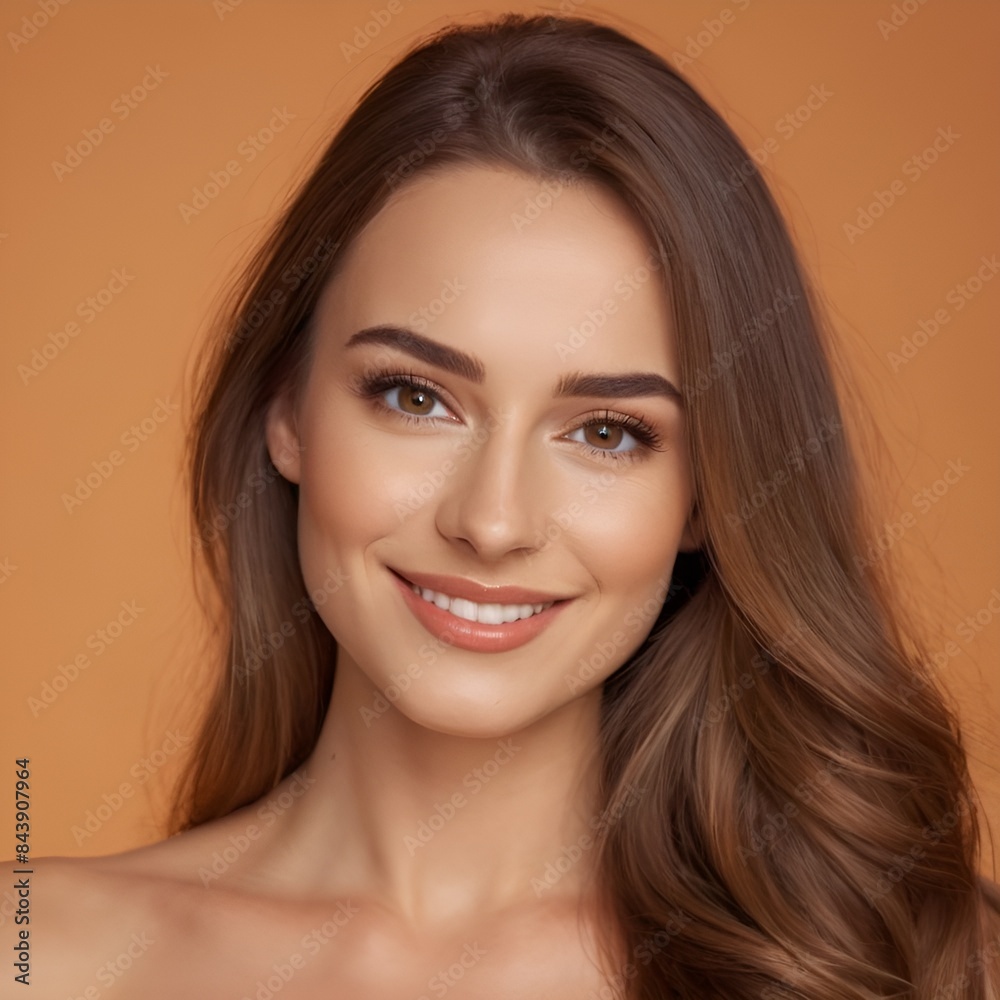 Obraz premium Pretty european beauty woman long hair with makeup glowing face and healthy facial skin portrait smile on isolated light orange background