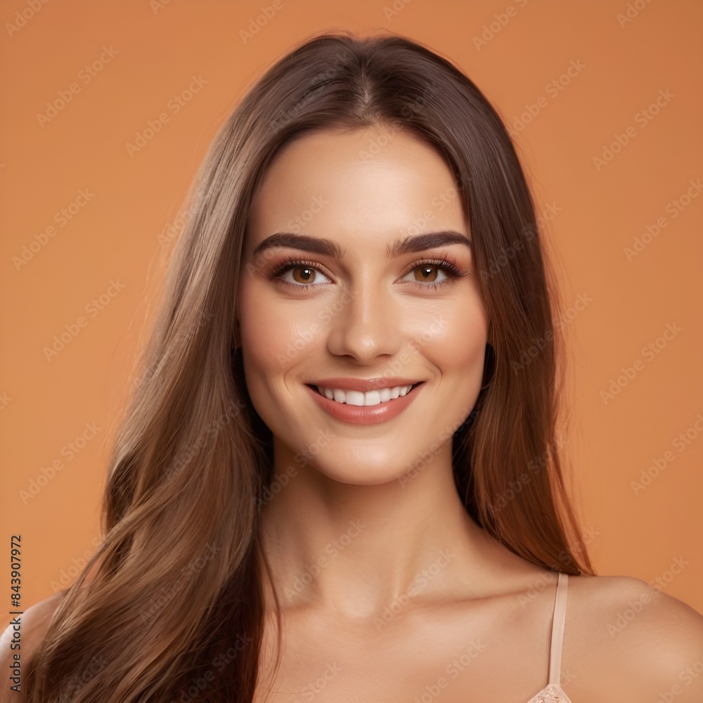 Pretty european beauty woman long hair with makeup glowing face and healthy facial skin portrait smile on isolated light orange background Pretty european beauty woman long hair with makeup glowing face and healthy facial skin portrait smile on isolated light orange background