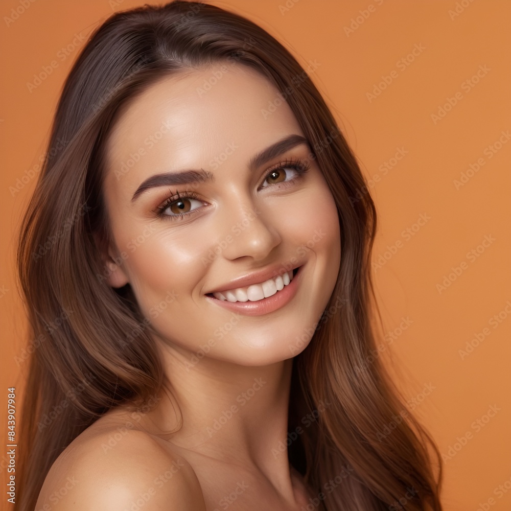 Fototapeta premium Pretty european beauty woman long hair with makeup glowing face and healthy facial skin portrait smile on isolated light orange background