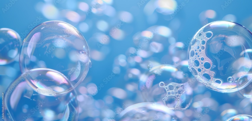 A closeup of transparent soap bubbles floating in the air against a blue background
