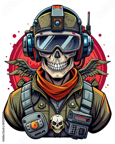 Military skull drone operator with both hands in big VR glasses and remote control. the evil smile on his angry skull face vector illustration 