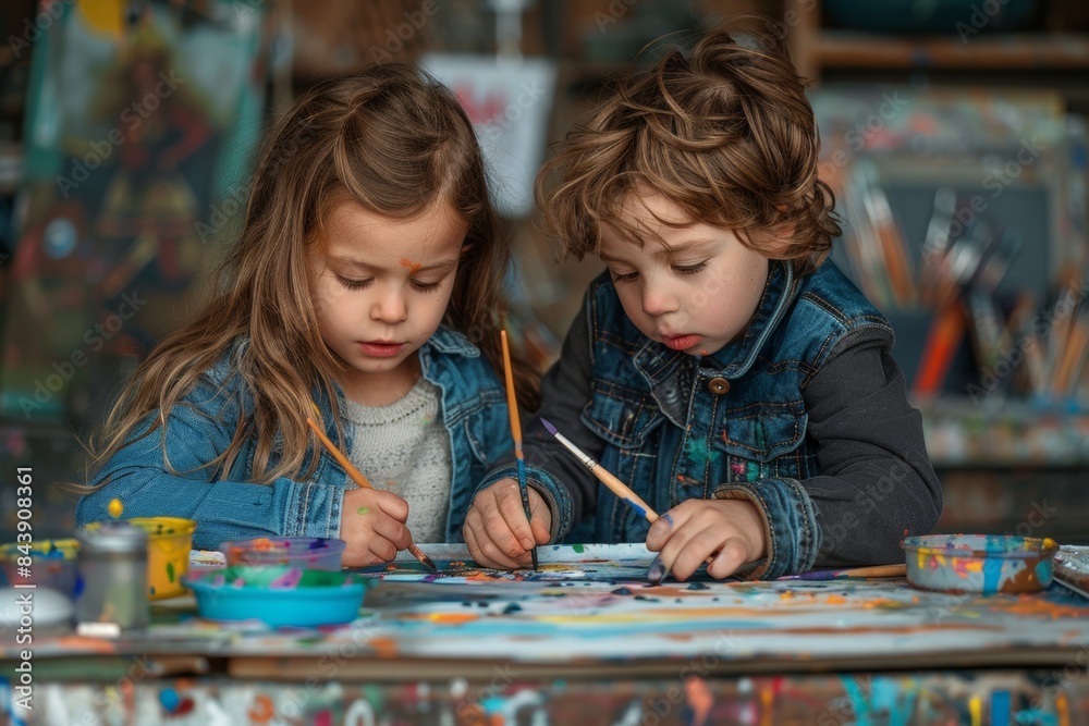 Fototapeta premium Kids Painting Together in Art Studio