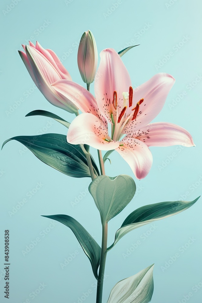 Fototapeta premium Pink Lily Flower Against Light Blue Background Generative AI