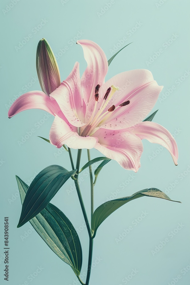 Pink Lily Flower Against Light Blue Background Generative AI