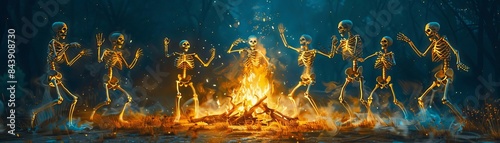 halloween skeletons dancing A group of skeletons dancing around a bonfire photo