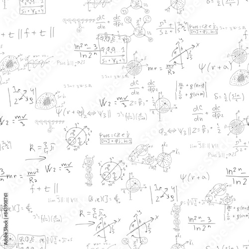 Mathematical scientific formulas and expressions. Educational, school and university background. Seamless pattern. Hand-drawn vector on white.