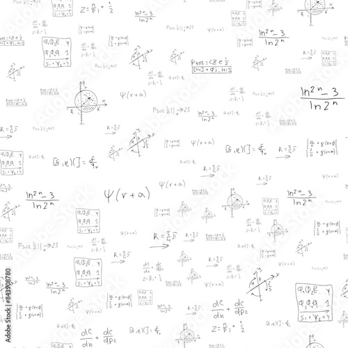 Mathematical scientific formulas and expressions. Educational, school and university background. Seamless pattern. Hand-drawn vector on white.