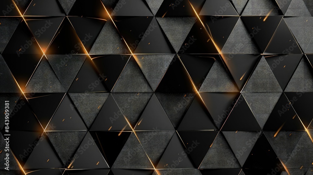Luxury triangle abstract black metal background with golden light lines. Dark 3d geometric texture illustration. Bright grid pattern. Pure black horizontal banner wallpaper. Carbon elegant wedding BG. Luxury triangle abstract black metal background with golden light lines. Dark 3d geometric texture illustration. Bright grid pattern. Pure black horizontal banner wallpaper. Carbon elegant wedding BG.